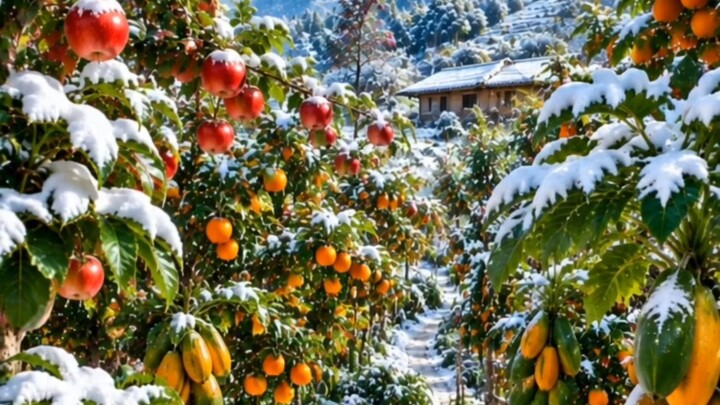 “A Magical Snowy Fruit Garden in the Mountains ❄️🍎🏔️🌿”