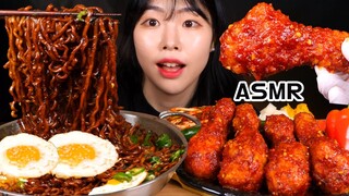 ASMR MUKBANG| 짜파게티말고 짜짜로니 직접 만든 양념치킨 먹방&레시피 파김치도 BLACK BEAN NOODLES AND FRIED CHICKEN EATING