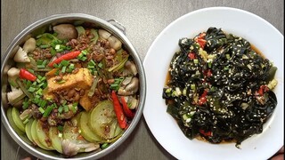 rông biển trộn dấm đỏ.bầu hấp tương hột. Món chay