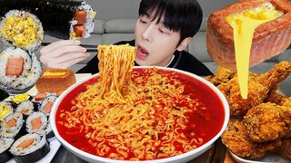 ASMR MUKBANG | 직접 만든 불닭볶음탕면 양념치킨 김밥 먹방 & 레시피 FRIED CHICKEN AND FIRE NOODLES EATING