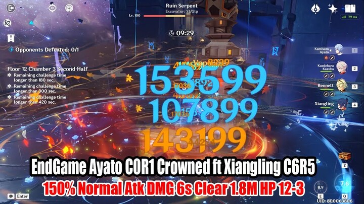 EndGame Ayato C0R1 Crowned ft Xiangling C6R5 - 150% Normal Atk DMG 6s Clear 1.8M HP 12-3