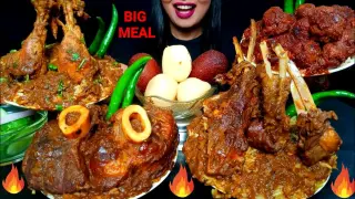 ASMR:EATING BIG MEAL|SPICY MUTTON RIBS,CHICKEN LEG,STEAK,SOYA CHUNKS CURRY, RICE,SWEETS#hungrygirl