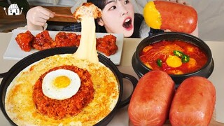 ASMR MUKBANG| 직접 만든 치즈 불닭볶음밥 양념치킨 소세지 먹방 & 레시피 FRIED CHICKEN AND FIRE EATING