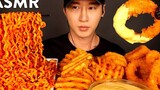 ASMR NUCLEAR FIRE NOODLES, CHEESY ONION RINGS & WAFFLE FRIES MUKBANG