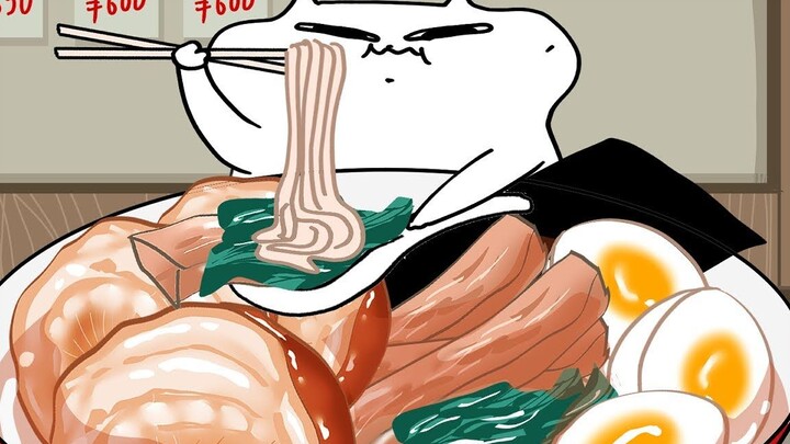 อาหารอนิเมะ｜แมวขี้อิจฉาไปชิมราเม็งยักษ์ใหญ่ ตามชื่อเสียงมาตะลุมบอนกินเส้นเต็มคำ