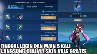 MODAL LOGIN DAN MAIN 5X BISA LANGSUNG CLAIM 1 SKIN VALE PERMANENT GRATIS - MOBILE LEGENDS