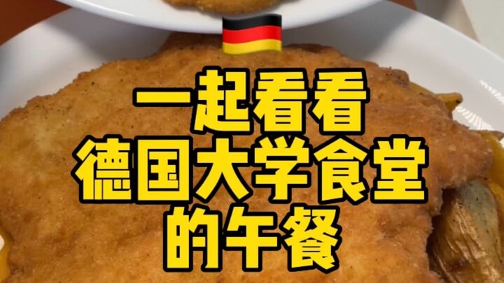 German university cafeteria: Handsome guy devours three plates of main courses—fried turkey cutlet &