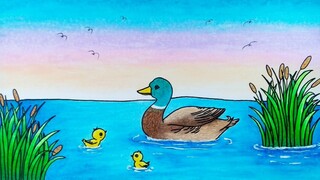 Cara menggambar dan mewarnai bebek || Menggambar bebek berenang