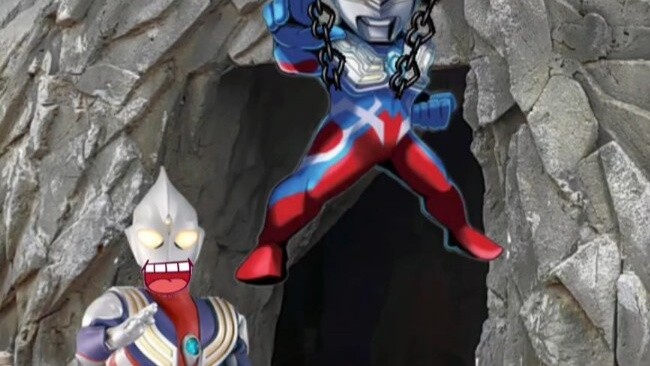 Ultraman Tiga tickles the soles of Little Zero's feet