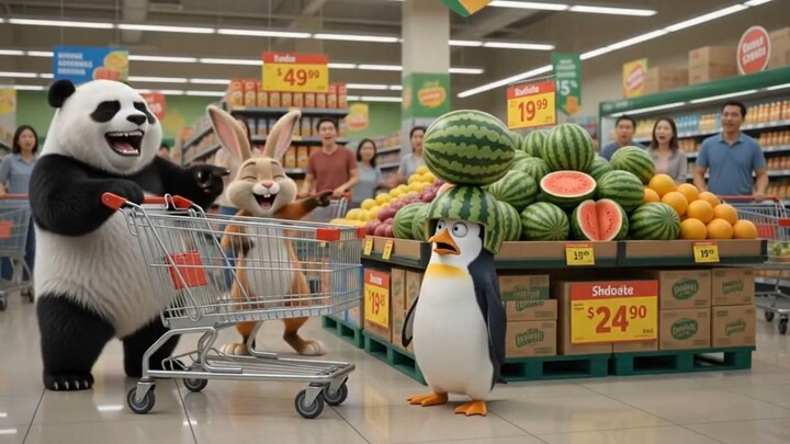 Supermarket Cart Chaos! 🛒🍉🐰🐼🦊🐧 | Funny AI Animal Video