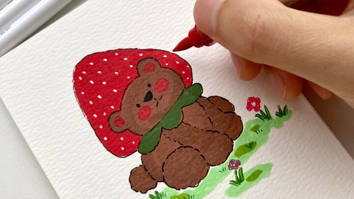 ภาพวาดลายเส้นง่ายๆ หมีน้อยกับสตรอว์เบอร์รีน่ารักด้วยปากกาเมจิก