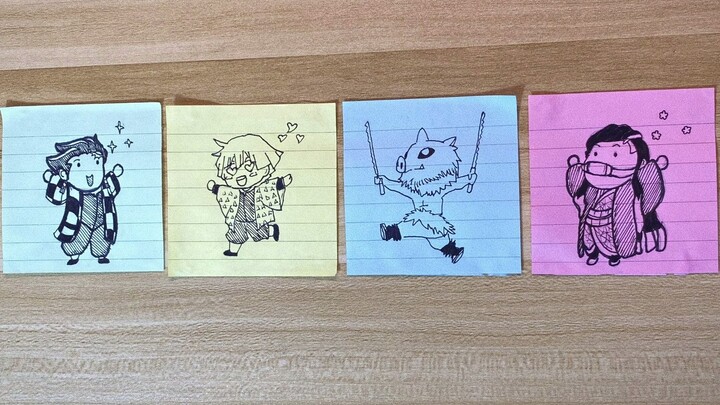 I used sticky notes to draw "Demon Slayer Cha Cha Dance" while taking online classes.