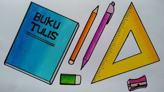 Cara menggambar peralatan sekolah || Menggambar dan mewarnai peralatan sekolah