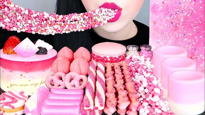 ASMR PINK DESSERTS 핑크색 디저트 먹방 *EDIBLE JELLO SHOTS, SHEET JELLY, NERD ROPE, BLOSSOM PRETZEL MUKBANG