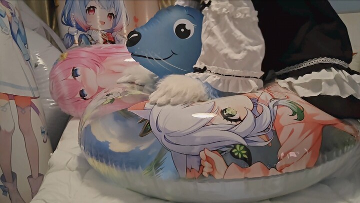 Maid cat plays with the little grass god using an inflatable seal.