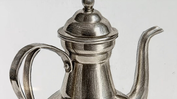 Menggambar ketel teh stainless steel berwarna emas secara imersif; menggambar sketsa dengan pensil a