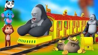 Funny Animals Gorilla Train in Zoo | Gorilla and Elephant Train Ride Jungle Animals 3D Cartoon Video