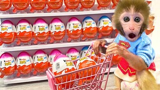 Monkey Baby Bon Bon doing shopping in Kinder Joy Egg store and eat chocolate with puppy