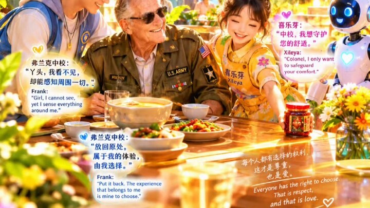 一酱明志 · One Sauce, True Will 🏡 悬浮暖光缓缓流淌，查理搀扶弗兰克中校，落座原木餐桌。Drifting warm light flows through the space