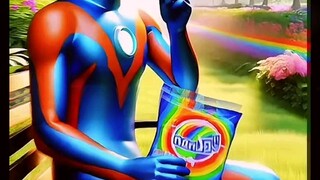 Ultraman sedang makan permen pelangi