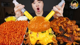 ASMR MUKBANG 직접 만든 치즈 햄버거 치즈스틱 불닭볶음면 치킨먹방! & 레시피 FIRE NOODLES AND CHEESE BURGER EATING SOUND!