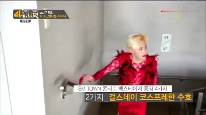 SUHO in the SM company backroom runs wild in women’s clothes—afraid EXO’s younger members will tease