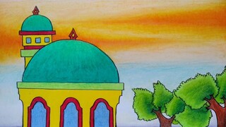 Menggambar masjid yang sangat mudah || Cara menggambar masjid dan pemandangan alam