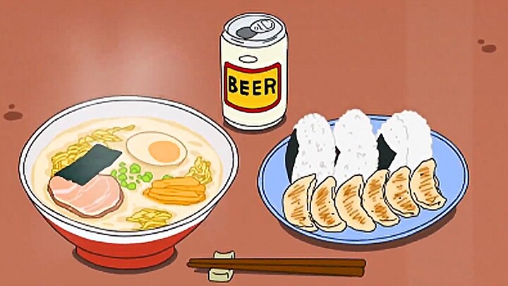 "Ramen, steamed dumplings, rice balls, and beer. This is Nohara Hiroshi's simple dinner."