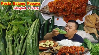 MUKBANG BATANG PAPAYA MENTAH LALAPAN JENGKOL MUDA MENTAH IKAN ASIN  TONGKOL BALADO #mukbang #asmr
