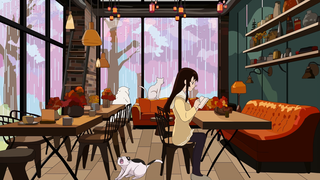 [Reading in a pet cafe on a rainy day] 45-minute sedentary reminder // Rain sound / Book turning sou