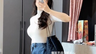 إطلالة الخريف المبكر للقصيرات ذوات القوام الممتلئ: بلوزة من الصوف + تنورة جينز، أسلوب كوري للشابات