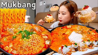 🍜꽃삼겹쌈+된장라면,술밥🌶고기집 필수코스를 집에서?! 😋 라면 삼겹살 혼술 SPICY NOODLE RICE MUKBANG ASMR EATINGSHOW REALSOUND 요리 먹방