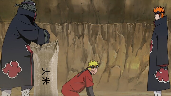 A spoof of the Naruto series you haven't seen, Naruto knelt down and gave Pain a bag of rice, and Pa