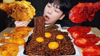 ASMR MUKBANG | 직접 만든 짜파게티 양념 치킨먹방! & 레시피 FRIED CHICKEN AND BLACK BEAN NOODLES EATING SOUND