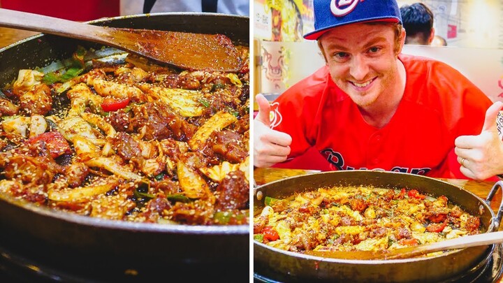 DAKGALBI (닭갈비) - Eating Super SPICY KOREAN BARBECUE CHICKEN in Busan, Korea