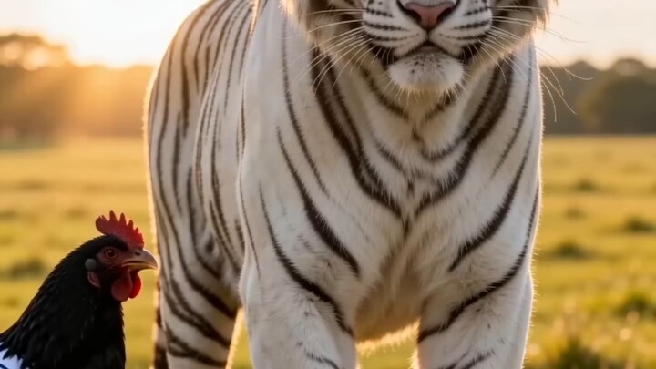 A hungry tiger gets its craving for cream satisfied by a cute little chick; overjoyed, the tiger ins