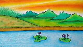 Menggambar pemandangan tepi danau || Menggambar pemandangan alam || Menggambar bunga teratai