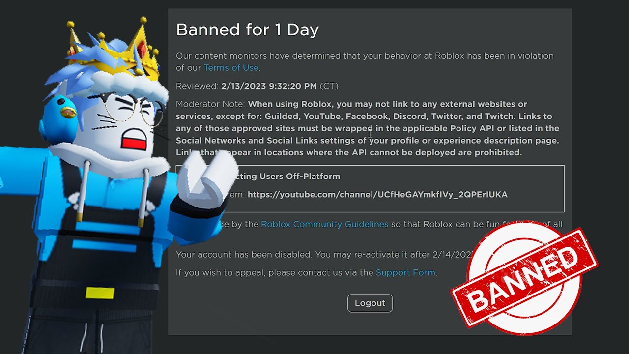 Banned for 1 day, Banned From Roblox