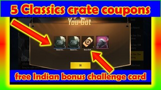 PUBG MOBILE VPN TRICK |  5 CLASSIC CRATE COUPONS | FREE INDIAN BONUS CHALLENGE CARD| FREE BULL COVER