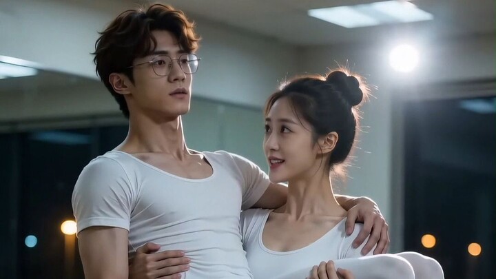 In the dance studio, she lifts him in a princess carry as if he were a cat.