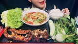 ASMR MUKBANG SPICY CUCUMBER WITH FISH SAUCE+ FRIED PORK BELLY &FRIED SALMON BELLY.