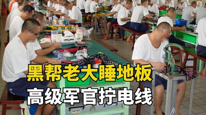 Cảnh quay thực tế về một nhà tù Đài Loan cho thấy các trùm băng đảng ngủ trên sàn nhà, với bốn người