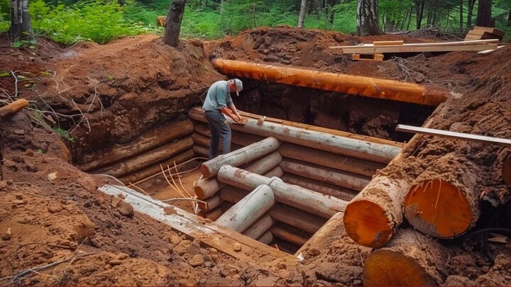 ผู้ชายสร้างห้องโดยสารไม้ซุง 2 ห้องใต้ดิน | เริ่มจนจบโดย @bushcraftua1