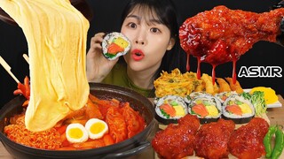 ASMR MUKBANG| 직접 만든 치즈 떡볶이 양념치킨 김밥 먹방 & 레시피 FRIED CHICKEN AND Tteokbokki EATING