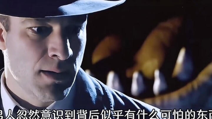 The man suddenly senses something behind him—and when he turns around, he sees a grotesquely menacin