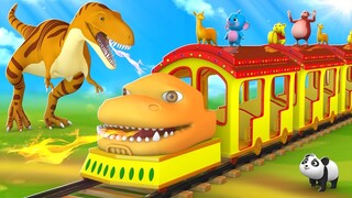 Giant Dinosaur Rescue Animals Train in Jungle | Funny Animals 3D Animated Cartoons Elephant, Monkey