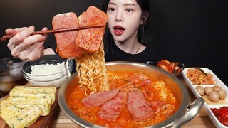 SUB)스팸구이 올린 부대찌개 먹방!🍜(ft.라면사리&달걀말이) 한식 집밥 꿀조합 리얼사운드 Budae-jjigae Mukbang Asmr