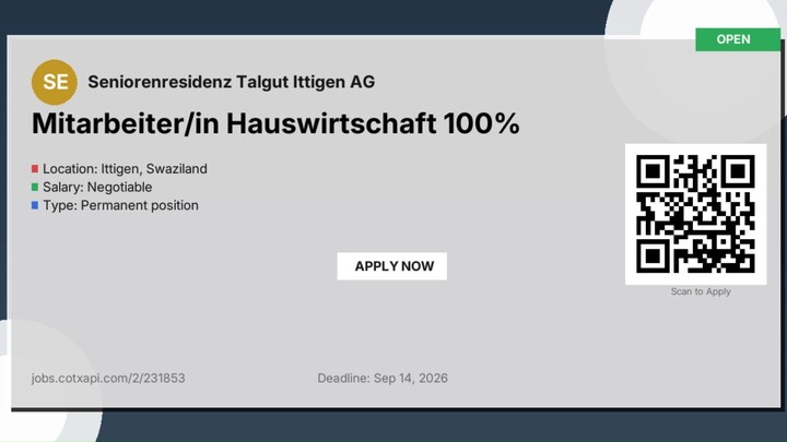🇸🇿 Mitarbeiter/in Hauswirtschaft 100% - Jobs in Swaziland | Apply Now | CotxapiJobs
