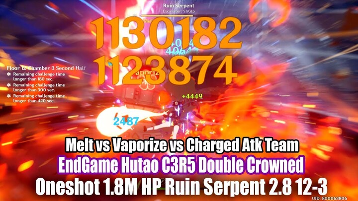 EndGame Hutao C3R5 Double Crowned Oneshot 1.8M HP 12-3 - Melt Vaporize vs Charged Atk Team