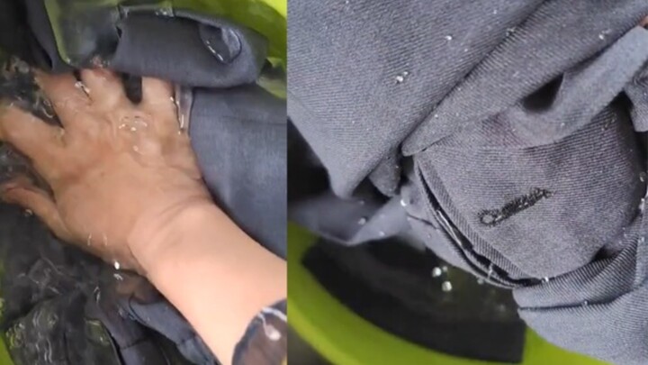 Mom’s washing her kid’s school uniform, but it doesn’t get wet at all after 5 minutes in the water—s